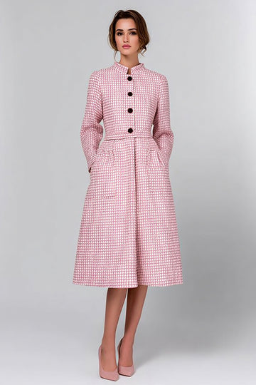 Pink A-Line Long Sleeve High Neck Work Dress